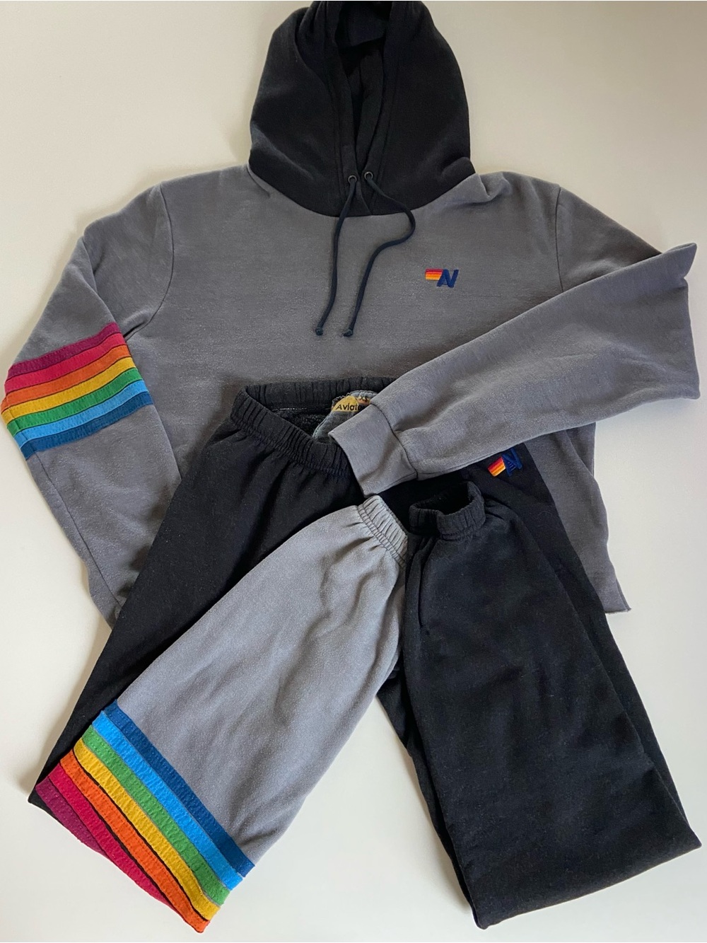 AVIATOR NATION SET Gray & Black Hoodie (L) + Bottoms (XS) w/ Rainbow 7-Stripe 🌈